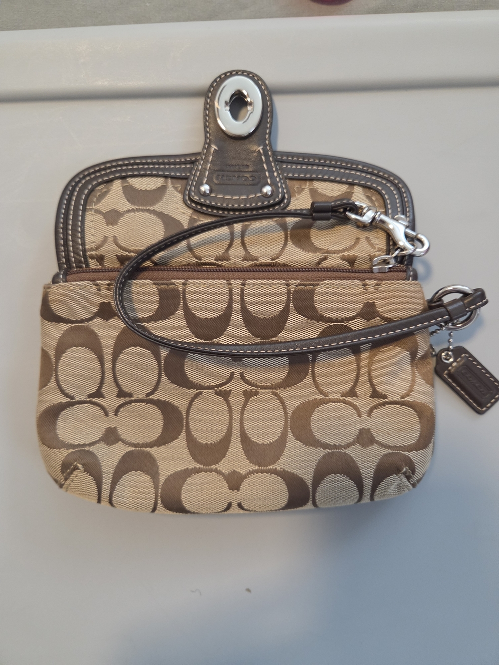 Coach Beige Signature Canvas Wristlet with Brown Leather Trim - Picture 3 of 5